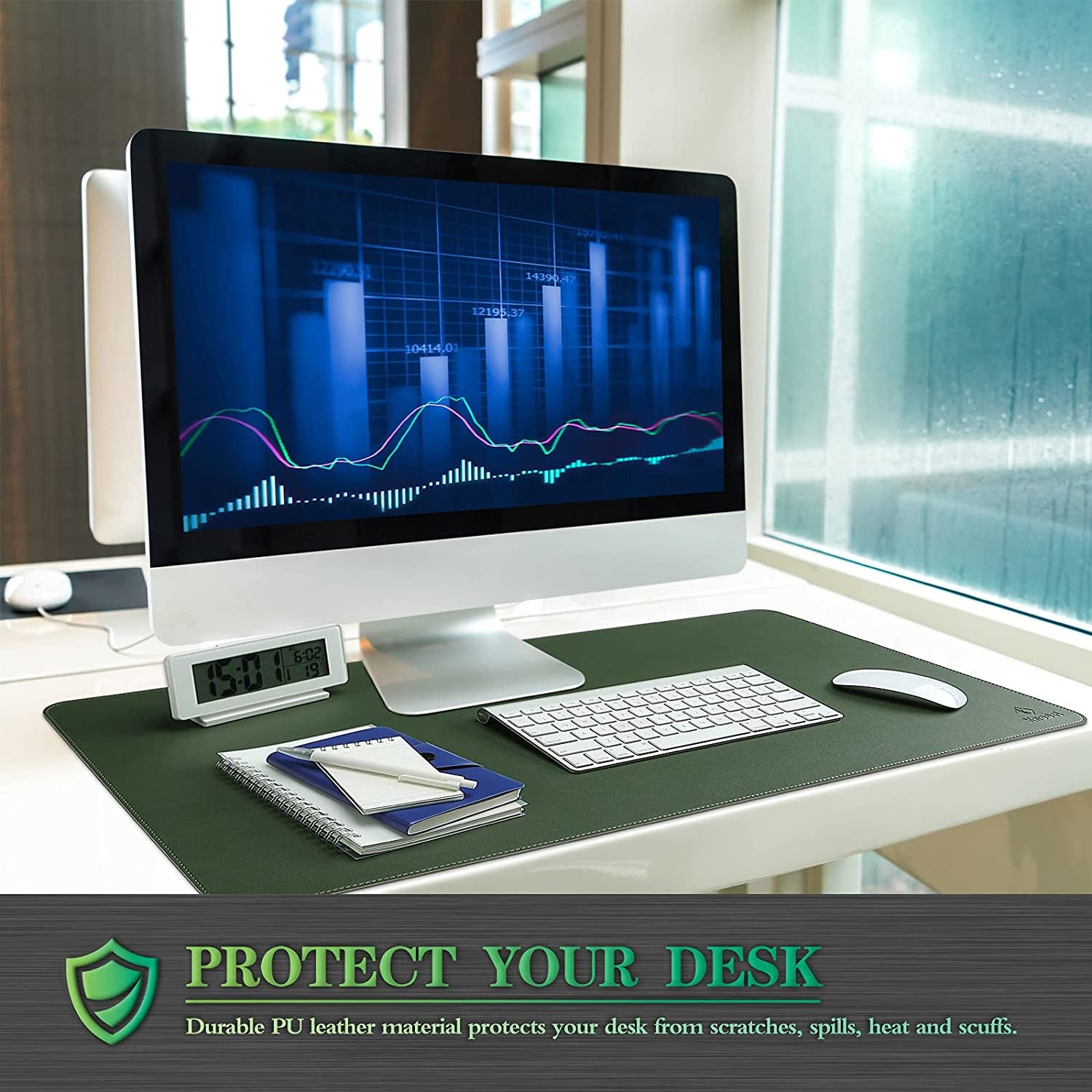 Dual-Sided Waterproof Desk Mat and Blotter, PVC Leather Pad Protector for Office Use (Dark Green, 31.5" x 15.7")