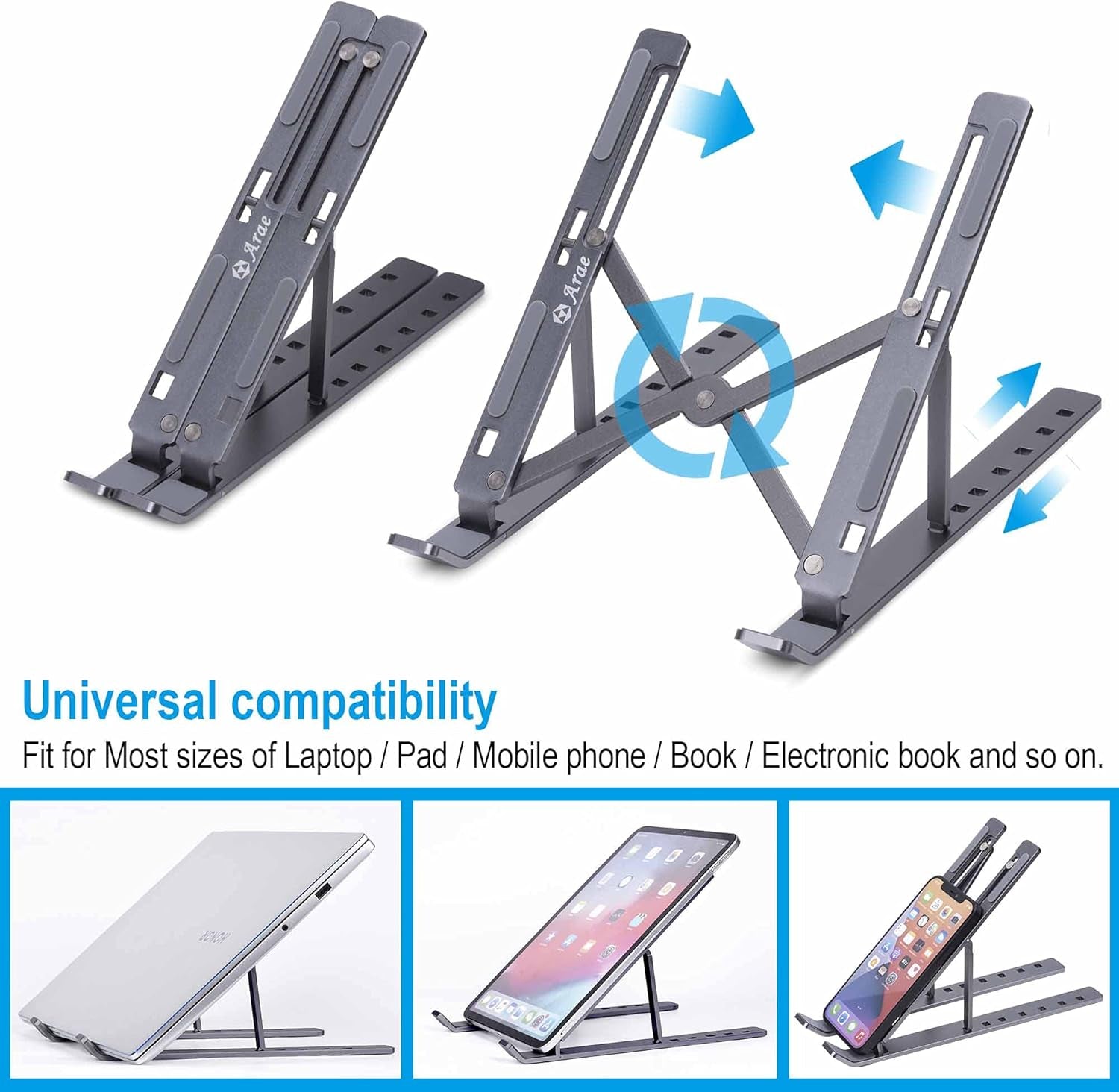 Adjustable Aluminum Laptop Stand for Desk - Ergonomic Portable Riser with Ventilation for 9-15.6" Laptops and Tablets, Silver