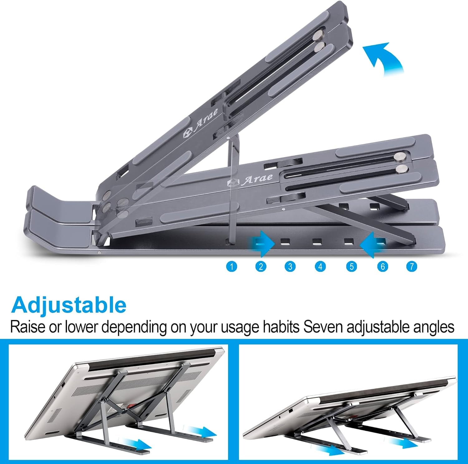 Adjustable Aluminum Laptop Stand for Desk - Ergonomic Portable Riser with Ventilation for 9-15.6" Laptops and Tablets, Silver