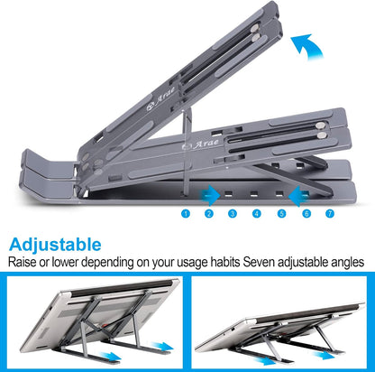 Adjustable Aluminum Laptop Stand for Desk - Ergonomic Portable Riser with Ventilation for 9-15.6" Laptops and Tablets, Silver