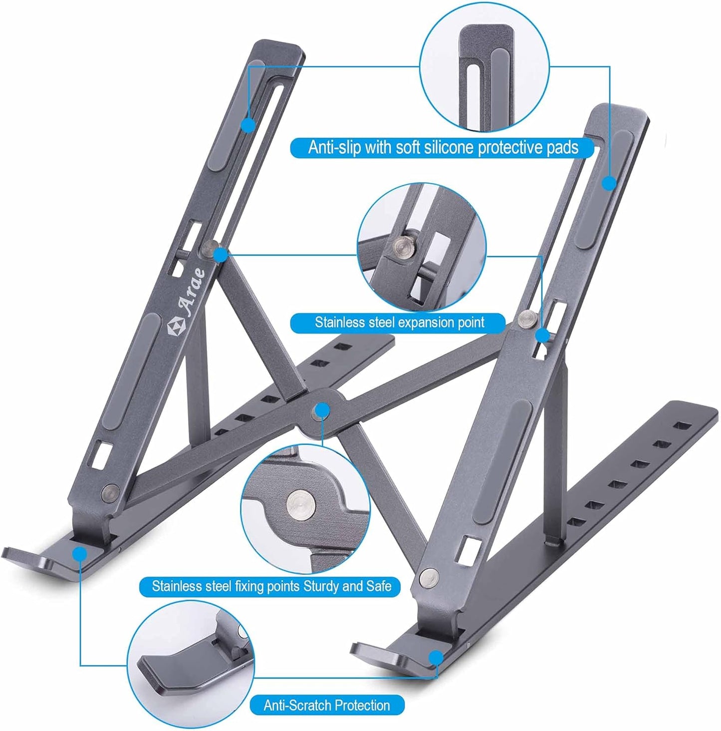 Adjustable Aluminum Laptop Stand for Desk - Ergonomic Portable Riser with Ventilation for 9-15.6" Laptops and Tablets, Silver