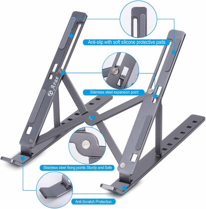 Adjustable Aluminum Laptop Stand for Desk - Ergonomic Portable Riser with Ventilation for 9-15.6" Laptops and Tablets, Silver